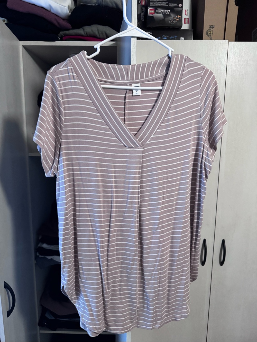 Old Navy Taupe and White Striped V-Neck Short Sleeve Top